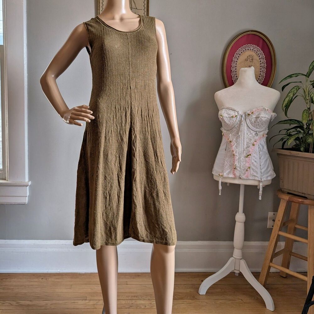 Banana Republic Linen Midi Dress Green Brown Textured Lagenlook Minimalist XSP